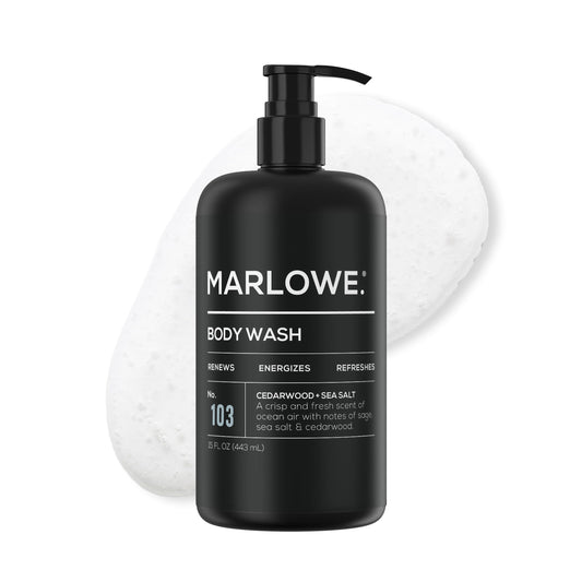 MARLOWE No.103 body wash bottle with cedarwood-sea-salt for an energizing shower.