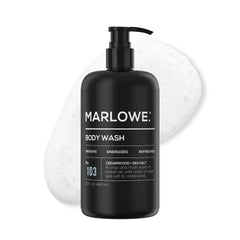 MARLOWE No.103 body wash bottle with cedarwood-sea-salt for an energizing shower.