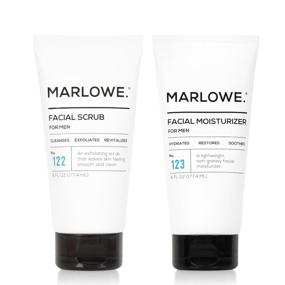 MARLOWE No. 122 facial scrub bottle close-up showing exfoliating action.