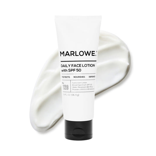 MARLOWE No 128 SPF 50 facial lotion bottle shows lightweight daily protection for men