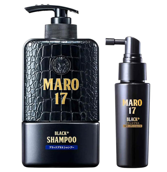 MARO17 Black+ Shampoo bottle close-up highlighting premium anti-gray formula.