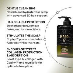 MARO17 Collagen Shampoo foam dispense illustrates hydrating daily wash.