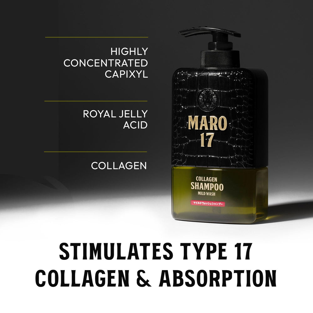 MARO17 Collagen Shampoo volume technology close-up underscores thicker looking hair.