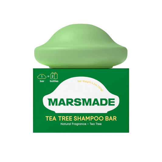 Mars Made Tea Tree Shampoo Bar packaging closeup highlights sustainable, bottle-free care.