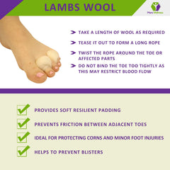 Mars Wellness lambs wool toe spacer between toes for reduced friction and comfort.