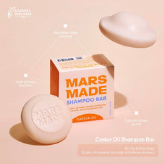 Mars Made Castor Oil Shampoo Bar on bathroom shelf, eco-friendly packaging visible.