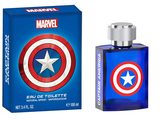 Marvel Captain America EDT bottle front view, shield-inspired design for daily wear.