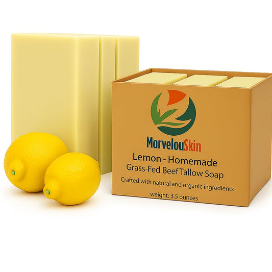 Marvelouskin Lemon Tallow Soap with citrus slice for a refreshing early-morning cleanse.