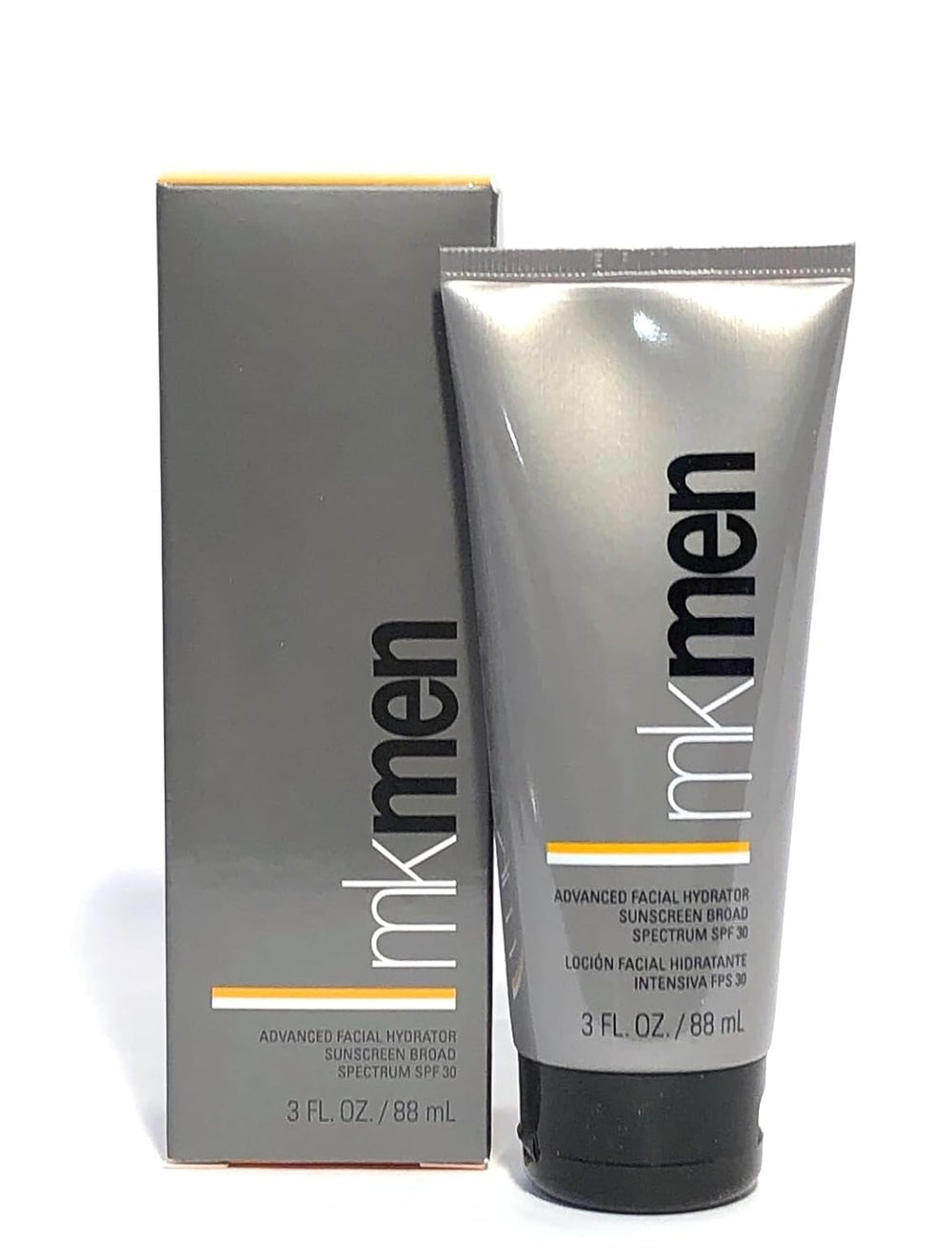 Mary Kay MK Men Advanced Facial Hydrator bottle highlights a lightweight moisturizer with built-in sunscreen.