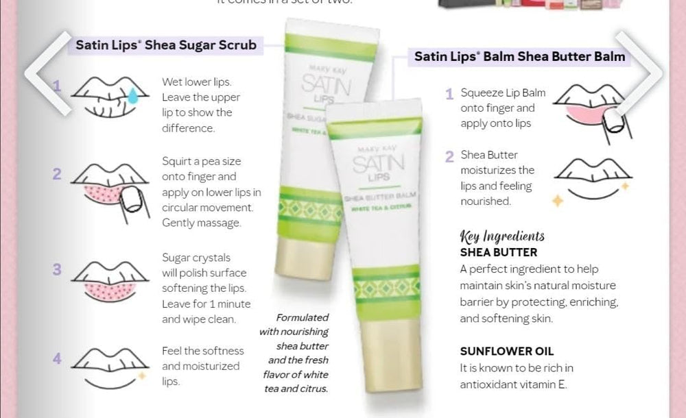 Mary Kay Satin Lips two-step system shown together for an easy routine.