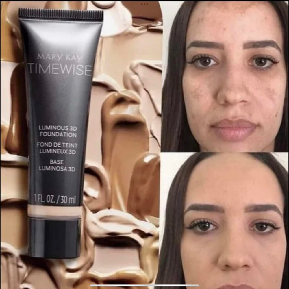 Open packaging of Mary Kay TimeWise Luminous 3D Foundation for easy shade access Ivory N160