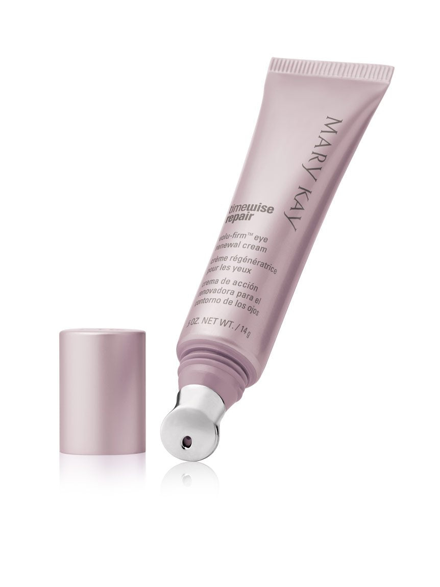 Mary Kay TimeWise Repair Volu-Firm Eye Renewal Cream tube being applied for soothing moisture.