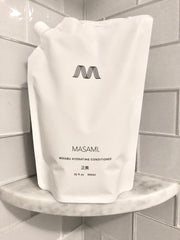 Curly hair texture images highlight MASAMI conditioner's lightweight hydration for defined curls