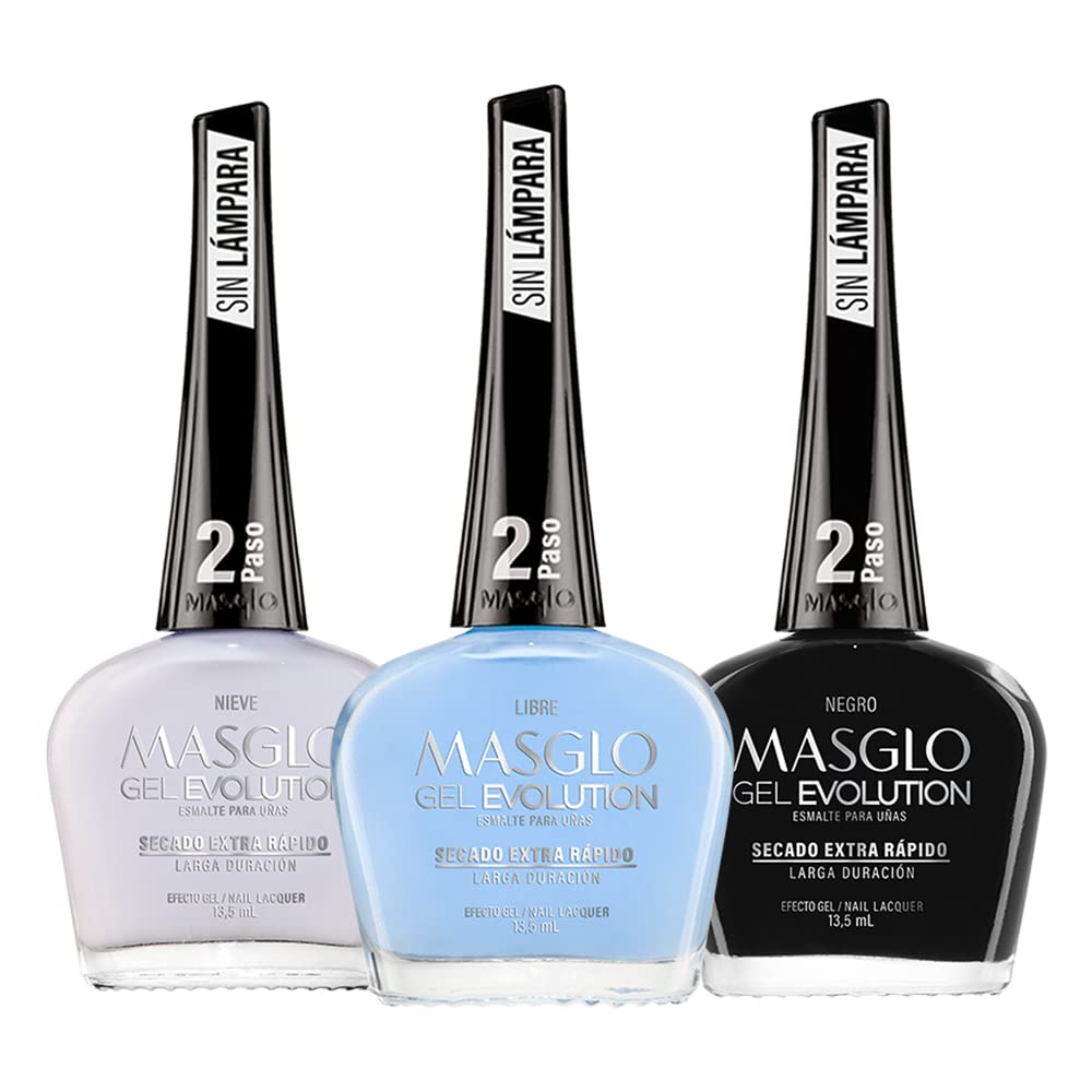 MASGLO Gel Evolution set of 3 colors on display for a long-lasting manicure.