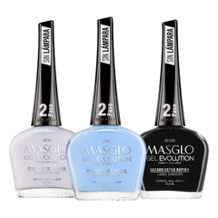 MASGLO Gel Evolution set of 3 colors on display for a long-lasting manicure.