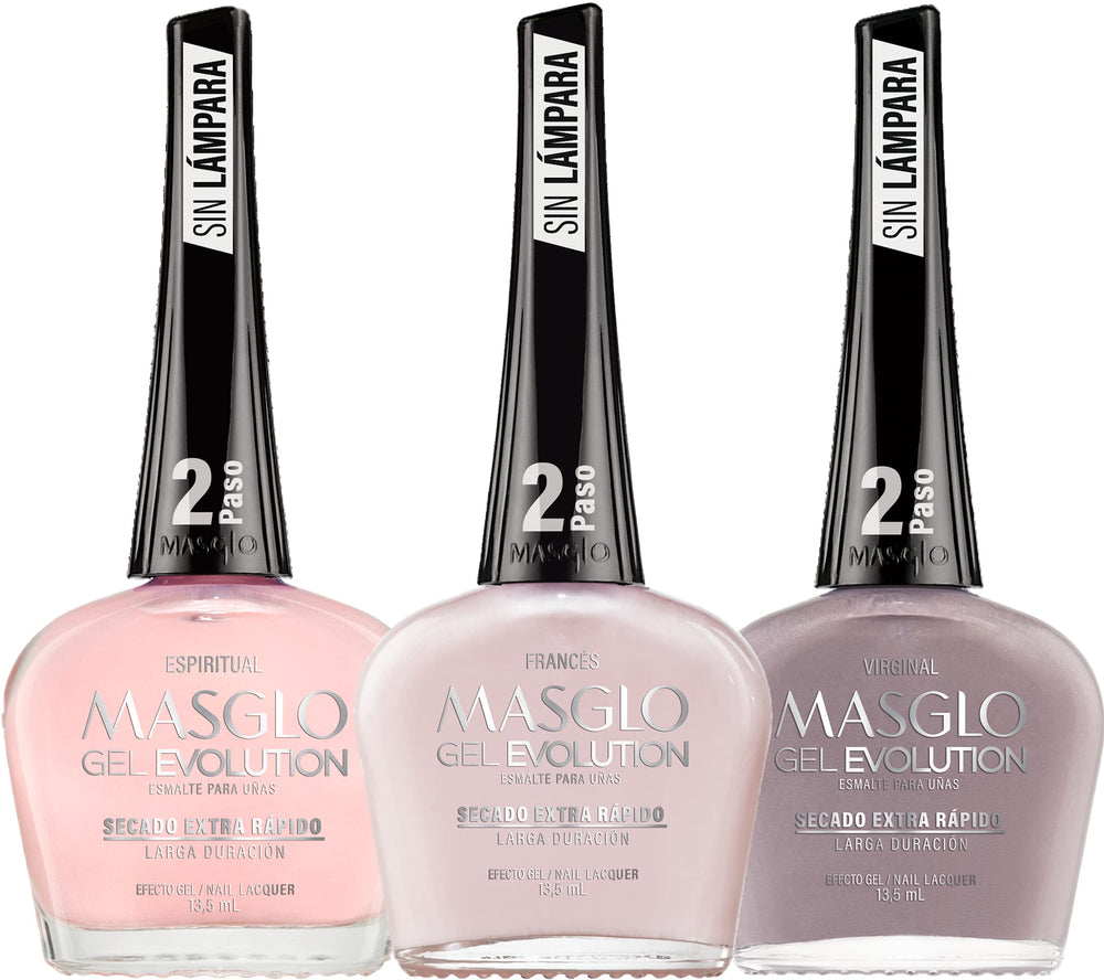 MASGLO Gel Evolution set of three nail polishes on display for long-wear color