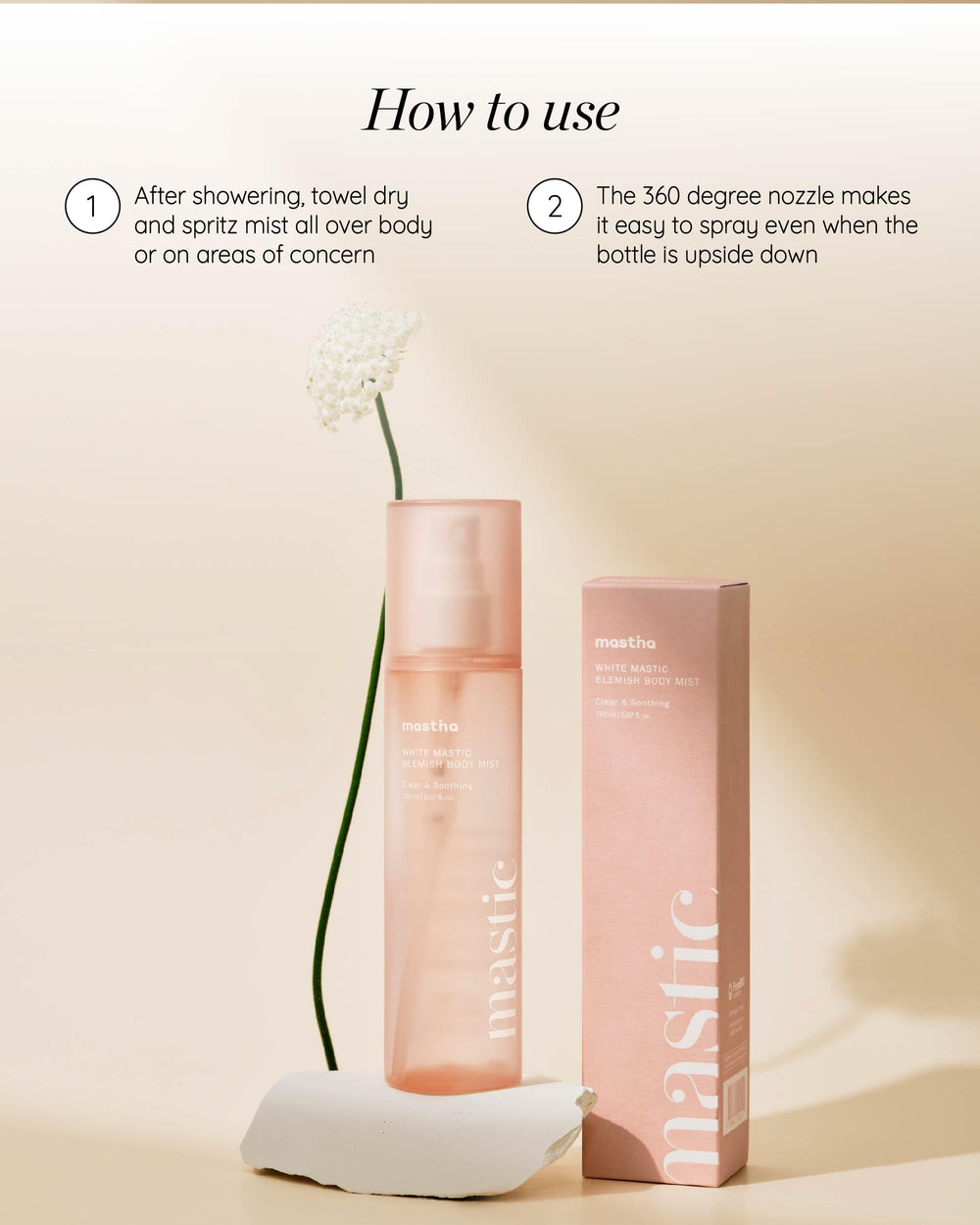 MASTINA White Mastic Cooling Body Mist 3-in-1 mastic blend packaging detail