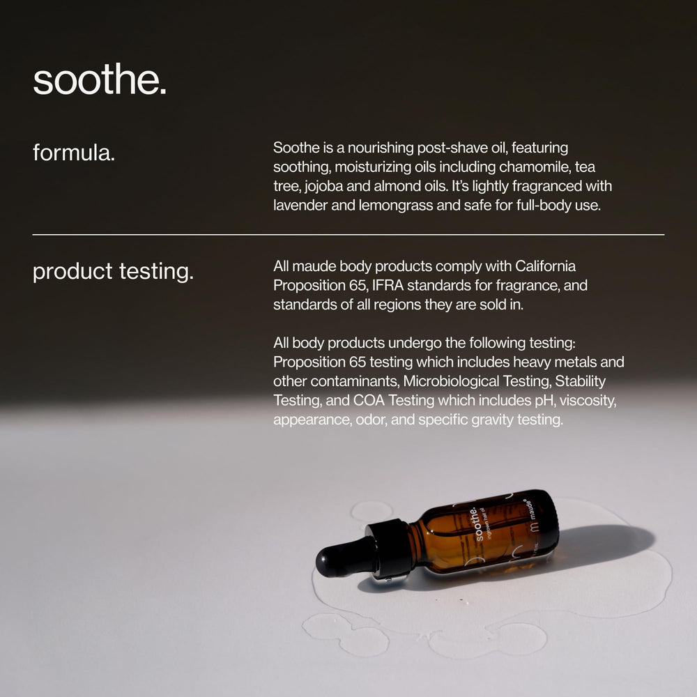 Maude Soothe jojoba oil concentrate highlights skin-nourishing formula.