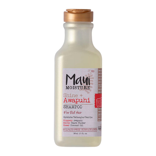 Maui Moisture Shine Awapuhi shampoo bottle highlights awapuhi for radiant moisture