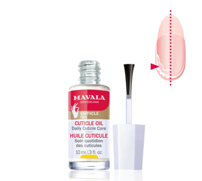Mavala Cuticle Oil applied with brush for precise nail care.
