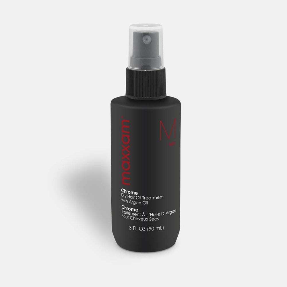HAIR CLUB Maxxam Chrome bottle closeup showing premium leave-in oil for daily heat protection.
