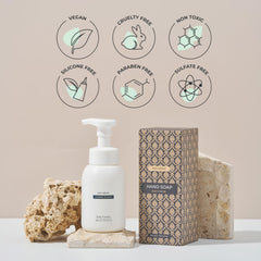 MAY MEDIC Baby Powder Hand Soap label featuring fig and pomegranate extracts.