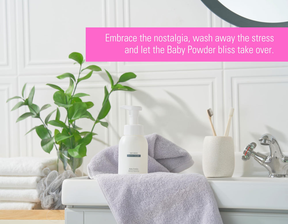 MAY MEDIC Baby Powder Hand Soap packaging on sink with fresh floral notes.
