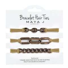Maya J chocolate link bracelet hair tie offering chic style and gentle hold for everyday wear.
