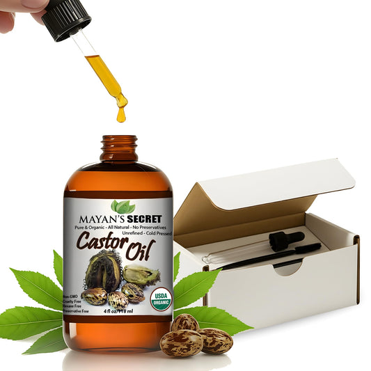 Mayan's Secret castor oil bottle in amber glass preserves freshness for hair and skin.