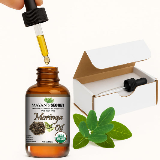 Mayan's Secret Moringa Energy Oil bottle for lightweight skin care.