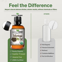 Mayan's Secret Moringa Energy Oil ingredients close-up showing simple formula.