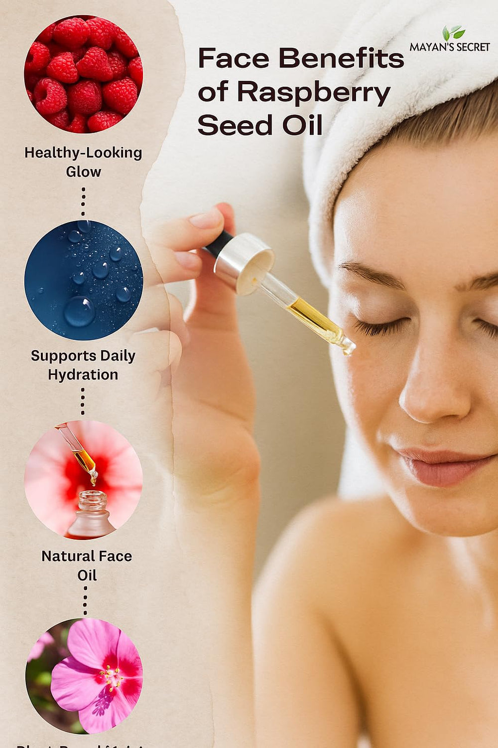Mayans Secret Red Raspberry Seed Oil application on face for hydration.