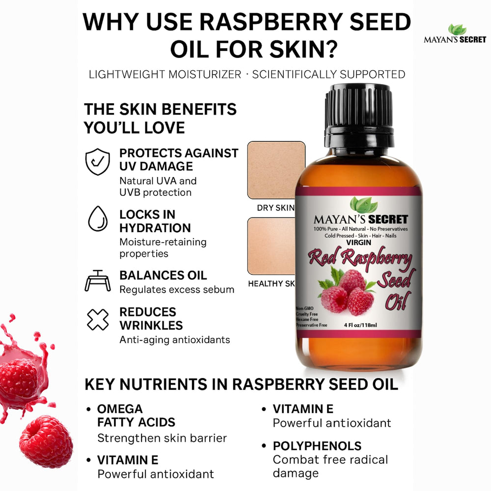 Mayans Secret Red Raspberry Seed Oil application on hair for shine.