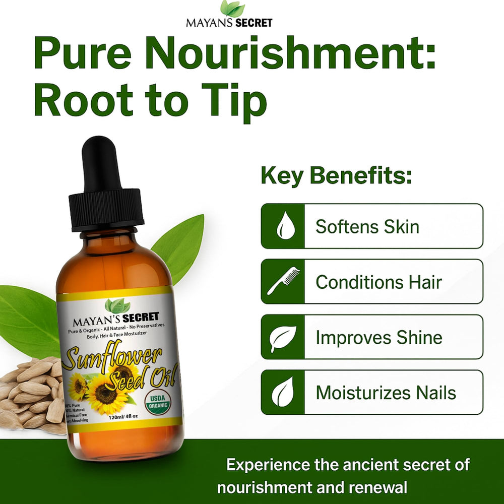 Mayan's Secret sunflower oil in amber bottle emphasizes safety and purity.