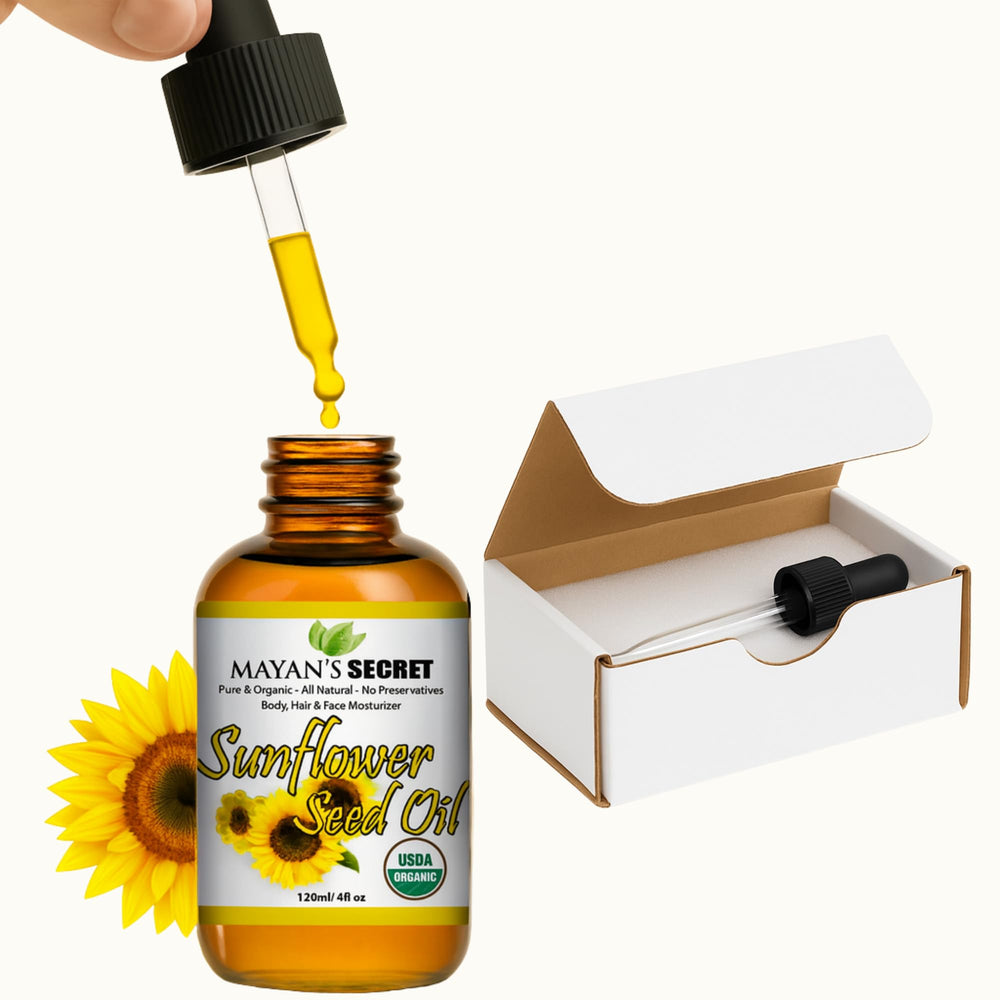 Mayan's Secret sunflower oil bottle full, nutrient-rich, pure carrier for skin.