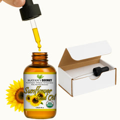 Mayan's Secret sunflower oil bottle full, nutrient-rich, pure carrier for skin.