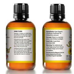 Amber bottle storage keeps Mayan's Secret sunflower oil fresh.
