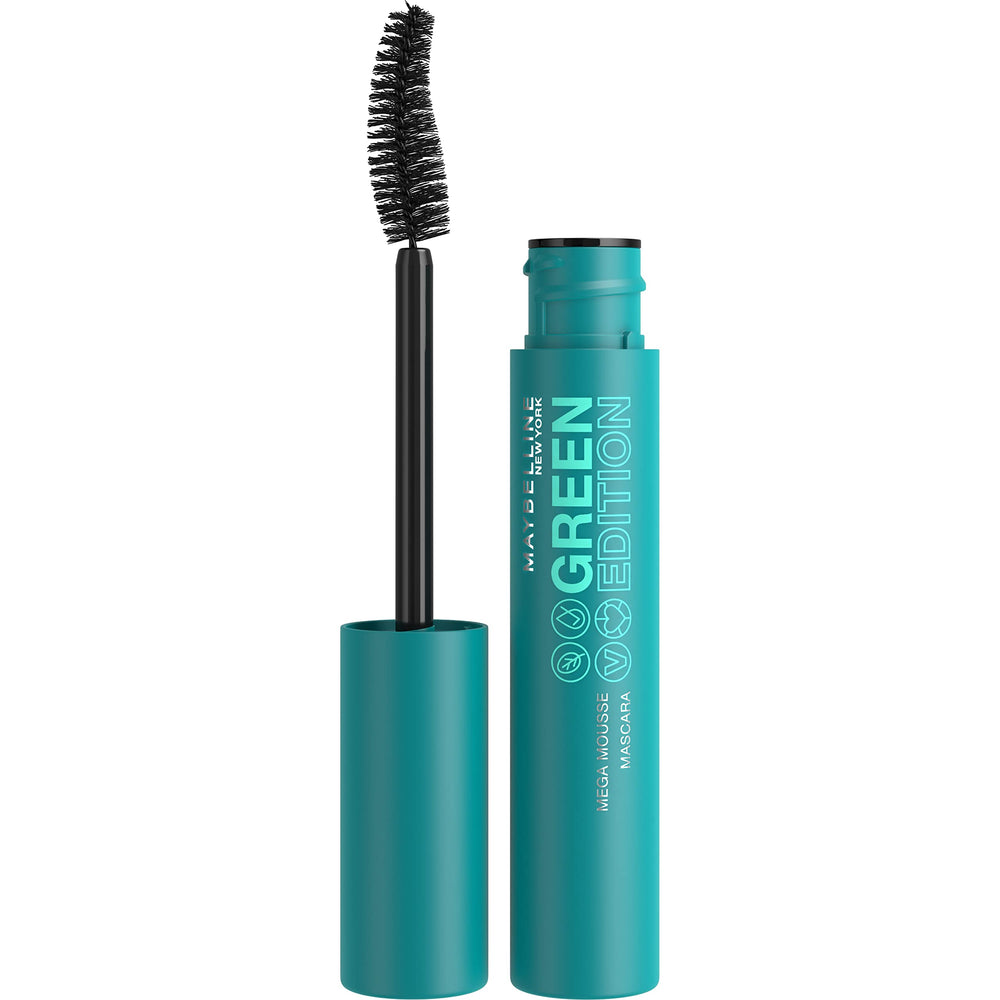 Maybelline Green Edition Mega Mousse Mascara tube highlighting lightweight formula.
