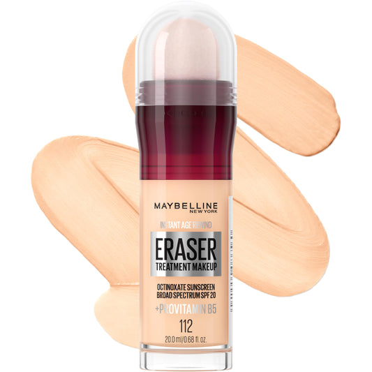 Maybelline Instant Age Rewind Eraser Foundation bottle with SPF 20 for even tone.