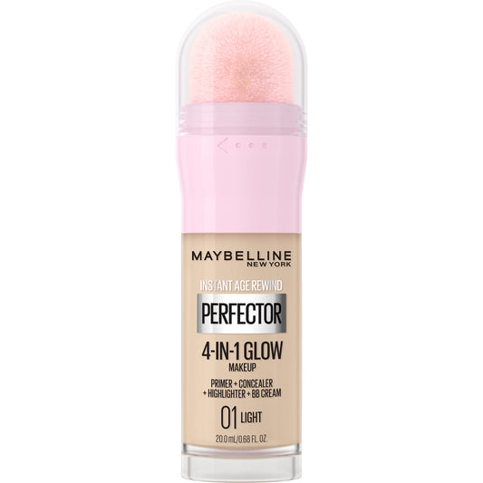 Maybelline Instant Perfector Glow bottle with built-in sponge for quick, even coverage.