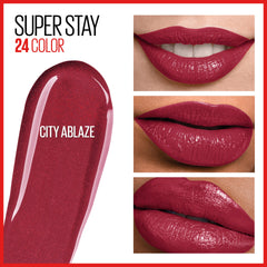 Maybelline Super Stay 24 liquid lipstick application, precisely lined lips with color payoff.