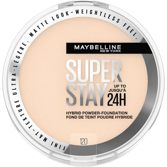 Maybelline Super Stay Hybrid Powder Foundation compact with matte finish for all-day wear.