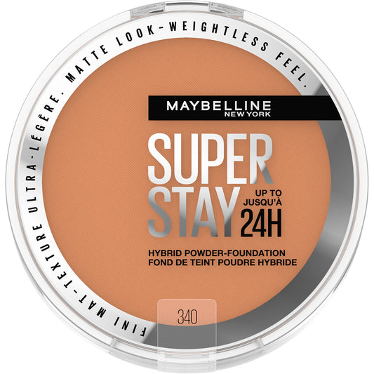 Maybelline Super Stay Hybrid Powder Foundation compact shows soft matte finish and all-day wear.