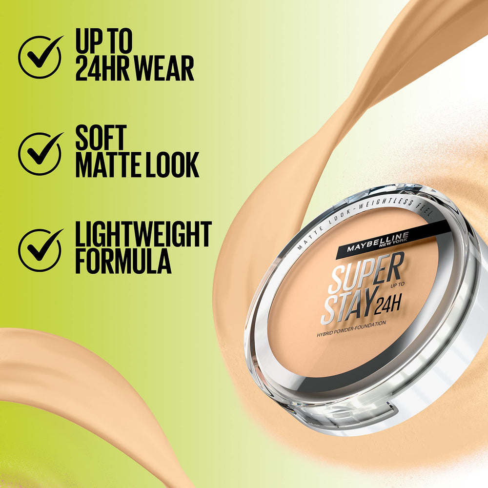 Maybelline Super Stay Hybrid Powder Foundation packaging close-up.
