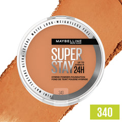 Shade 340 swatch on skin for warm, natural match with Maybelline Hybrid Powder Foundation.