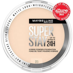 Maybelline Super Stay Hybrid Powder Foundation shade 120 swatches for color reference.