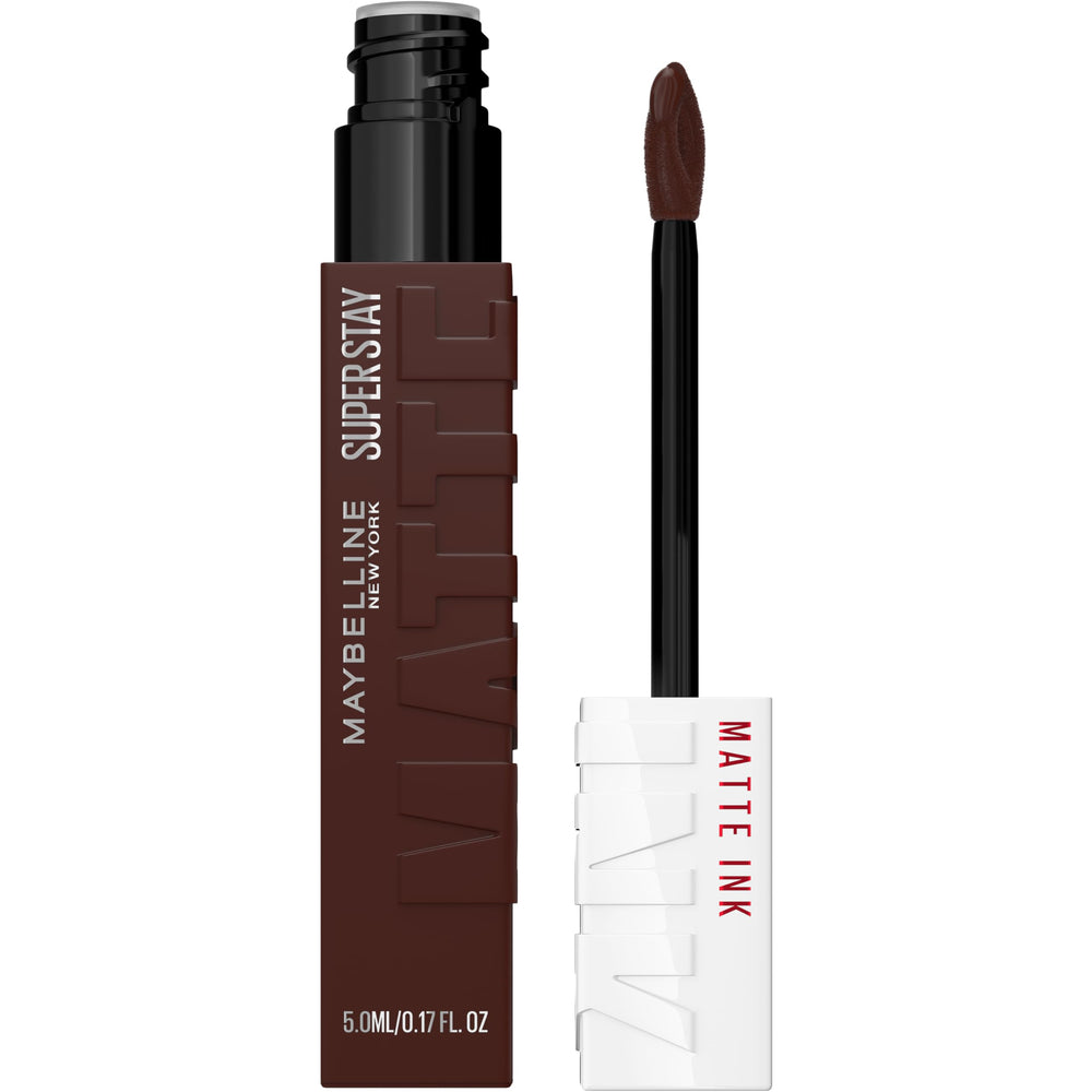 Maybelline Super Stay Matte Ink bottle close-up shows rich pigment for long wear.