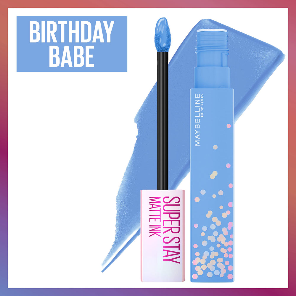 Maybelline SuperStay Matte Ink Birthday Edition packaging on display