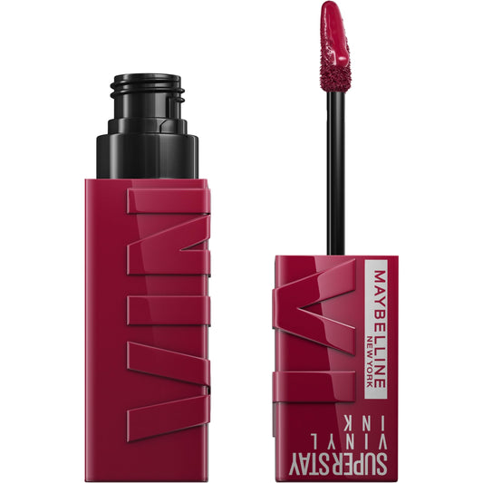 Maybelline Super Stay Vinyl Ink berry burgundy lip swatch showing long wear and shine