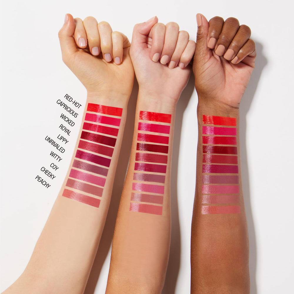 Liquid lipcolor swatch on lips with glossy finish.